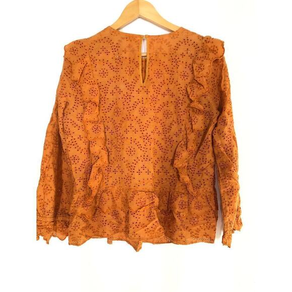 The Great. Eyelet Flutter Top 3/4 Sleeve Ruffle Peasant Blouse Orange Size 2 - Picture 7 of 11